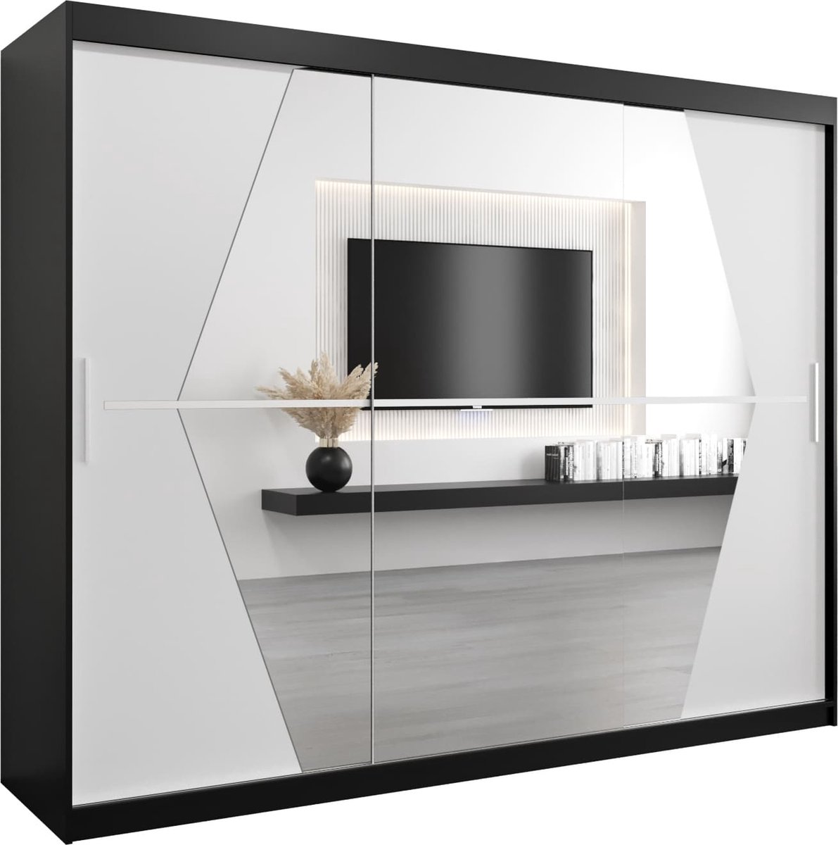 InspireME Kledingkast met 3 schuifdeuren, Modern-stijl, Een kledingkast met planken en een spiegel (BxHxD): 250x200x62 - BOLA 250 Zwart Mat + Wit Mat met 4 lades