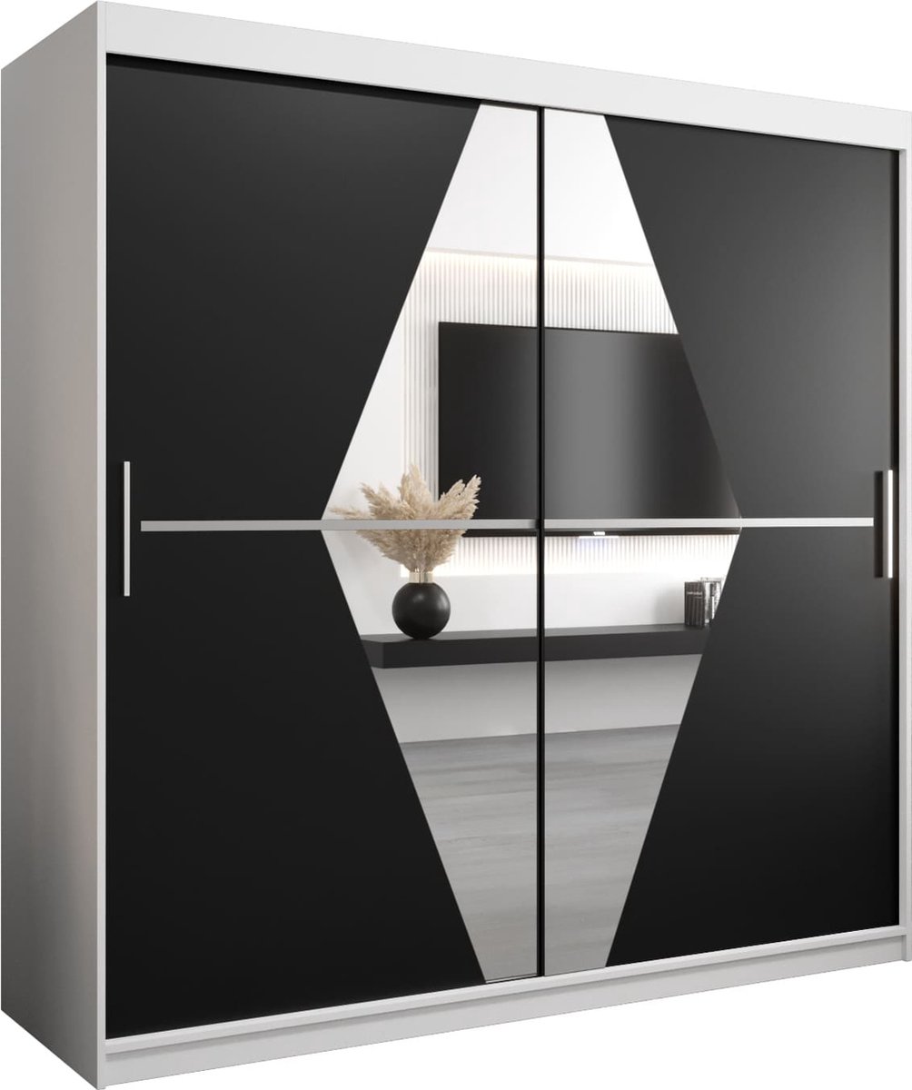 InspireME Kledingkast met 2 schuifdeuren, Modern-stijl, Een kledingkast met planken en een spiegel (BxHxD): 200x200x62 - BOLA 200 Wit Mat + Zwart met 4 lades