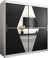 InspireMe - Kledingkast met 2 schuifdeuren, Modern-stijl, Een kledingkast met planken en een spiegel (BxHxD): 200x200x62 - BOLA 200 Wit Mat + Zwart met 4 lades