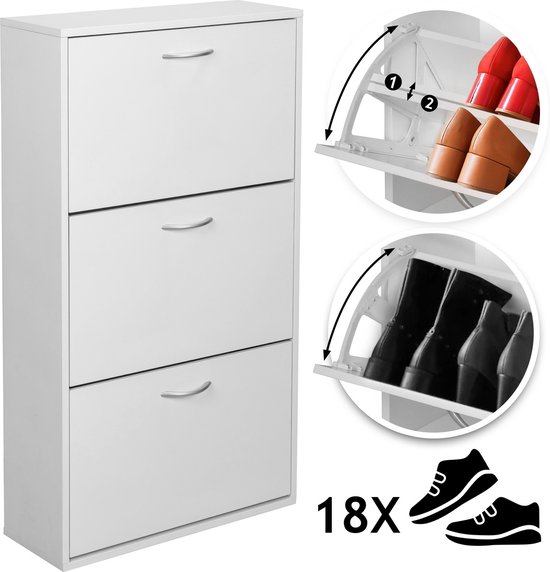 MIADOMODO- Schoenenkast - 3 kleppen, wit, smal, MDF, (W/H/D) 59 x 105 x 22 cm, verstelbaar, 2 schoenenrekken per kipper, tot 18 schoenen - schoenenkipper, schoenencommode, schoenenrek