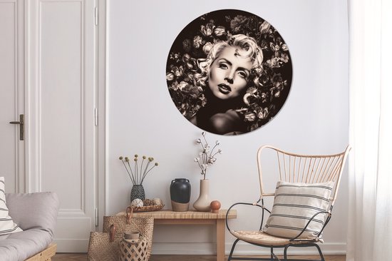 Cercle Mural - Cercle Mural Intérieur - Fleurs - Zwart - Wit - Femme - ⌀ 120 cm - Décoration murale - Peintures Ronds XXL