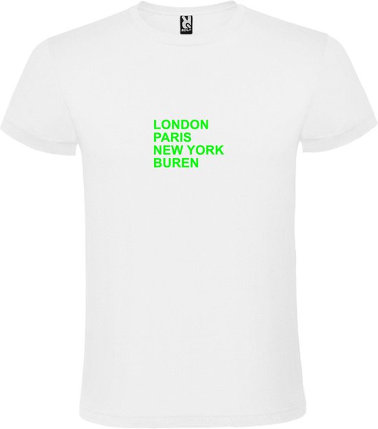 Wit T-Shirt met “ LONDON, PARIS, NEW YORK, BUREN “ Afbeelding Neon Groen Size XXXXXL