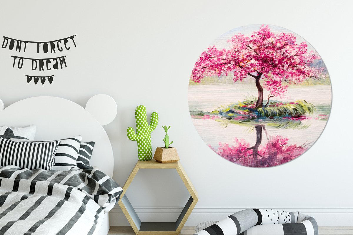 WallCircle - Wandcirkel - Muurcirkel - Schilderij - Bloesem - Bloesemboom - Water - Olieverf - Aluminium - Dibond - 120x120 cm - Binnen en Buiten XXL