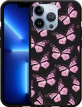 Geschikt voor Apple iPhone 13 Pro Hoesje Zwart Roze Vlinders - Designed by Cazy