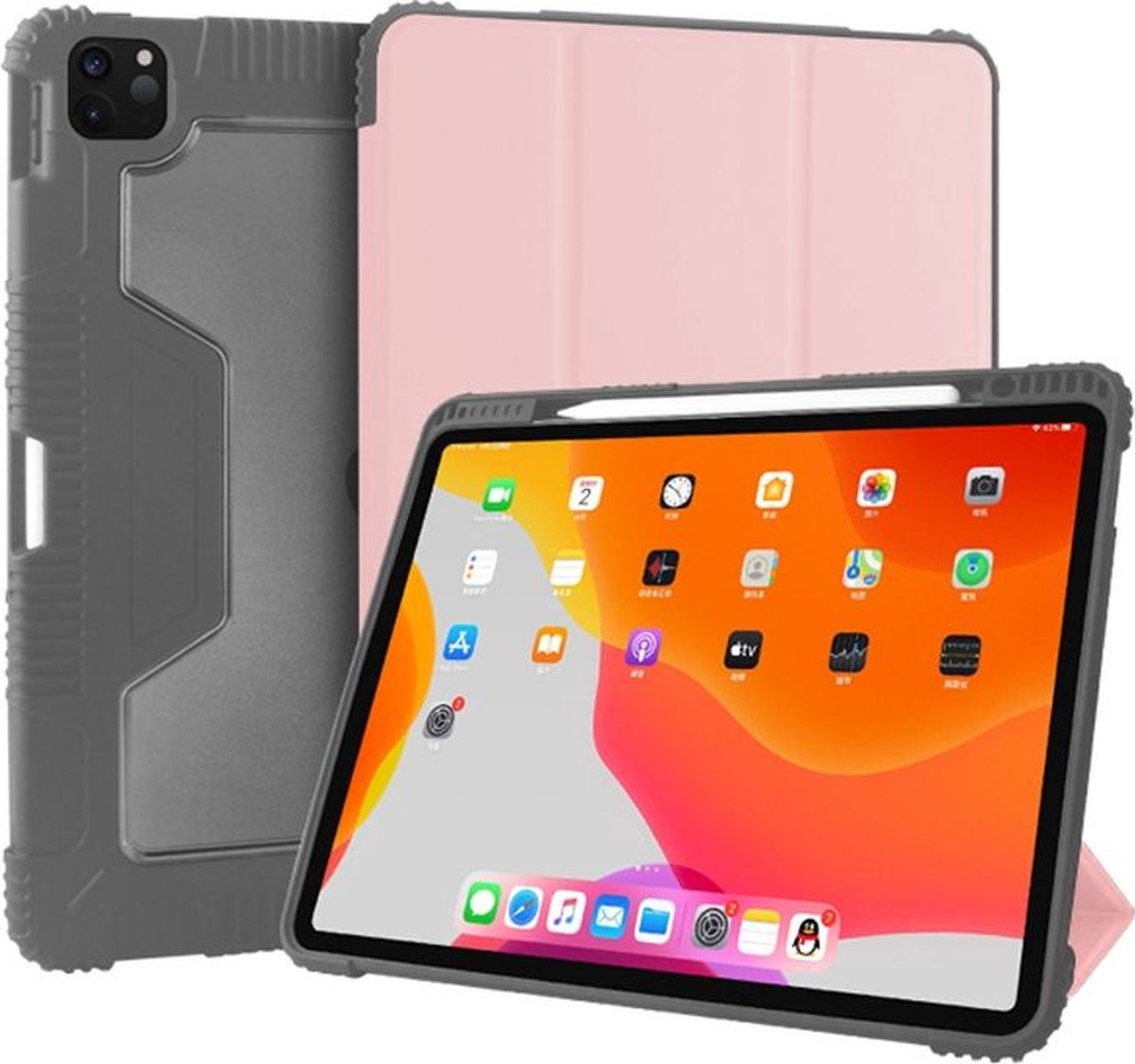 Mobigear Tri-Fold Tough - Apple iPad Pro 12.9 (2022) Hoes Bookcase + Stylus Houder - Zwart / Roségoud
