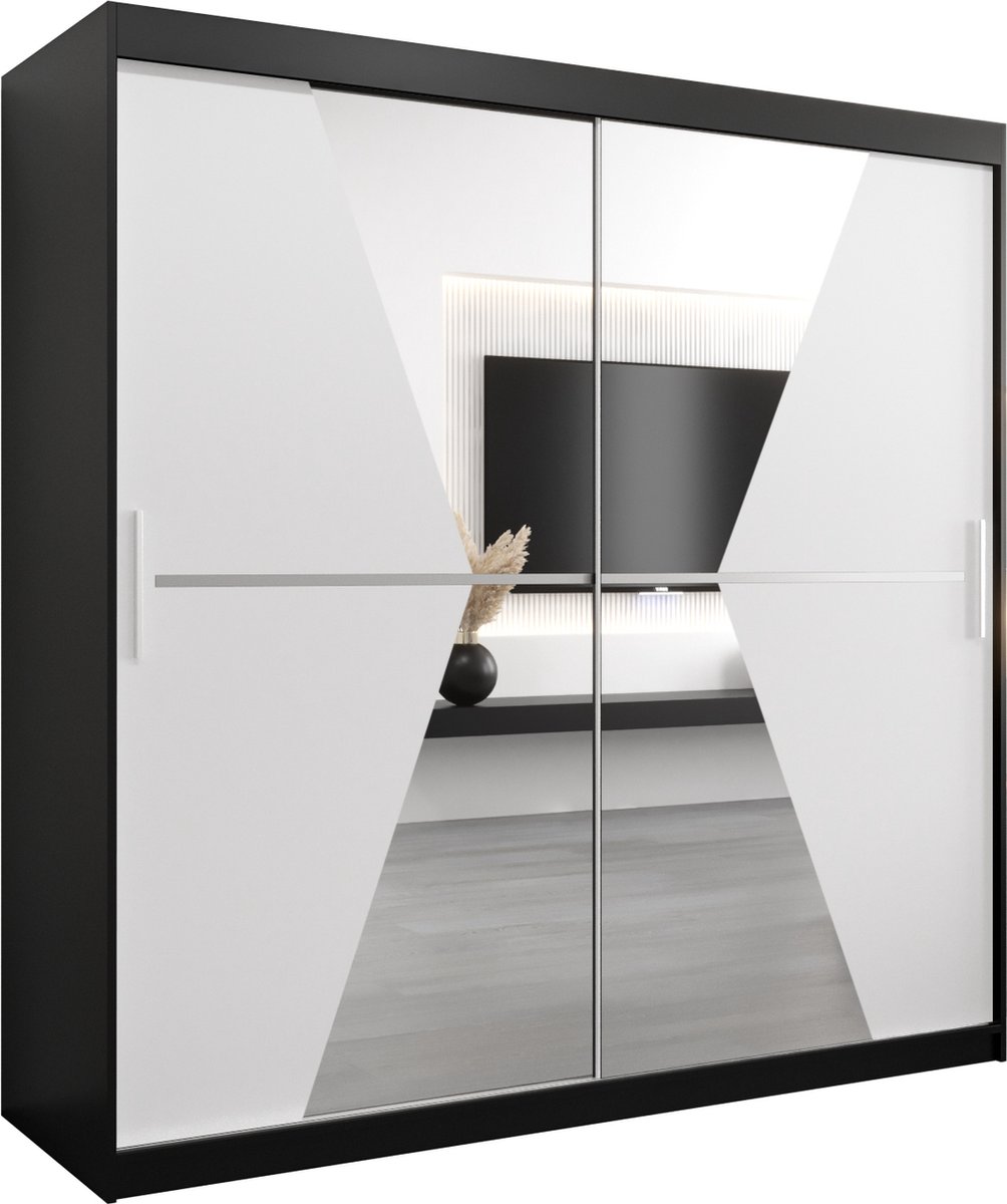 InspireME Kledingkast met 2 schuifdeuren, Modern-stijl, Een kledingkast met planken en een spiegel (BxHxD): 200x200x62 - TOTO 200 Zwart Mat + Wit Mat met 4 lades