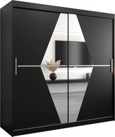 InspireMe - Kledingkast met 2 schuifdeuren, Modern-stijl, Een kledingkast met planken en een spiegel (BxHxD): 200x200x62 - BOLA 200 Zwart Mat