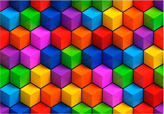 Fotobehangkoning - Behang - Vliesbehang - Fotobehang - Colorful Geometric Boxes - Kleurrijke Kubussen - Kubus - Kleuren - 3D - 200 x 140 cm