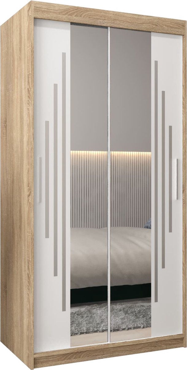 InspireME Kledingkast met 2 schuifdeuren, Modern-stijl, Een kledingkast met planken en een spiegel (BxHxD): 100x200x62 - MALTESE I 100 Sonoma Eik + Wit Mat
