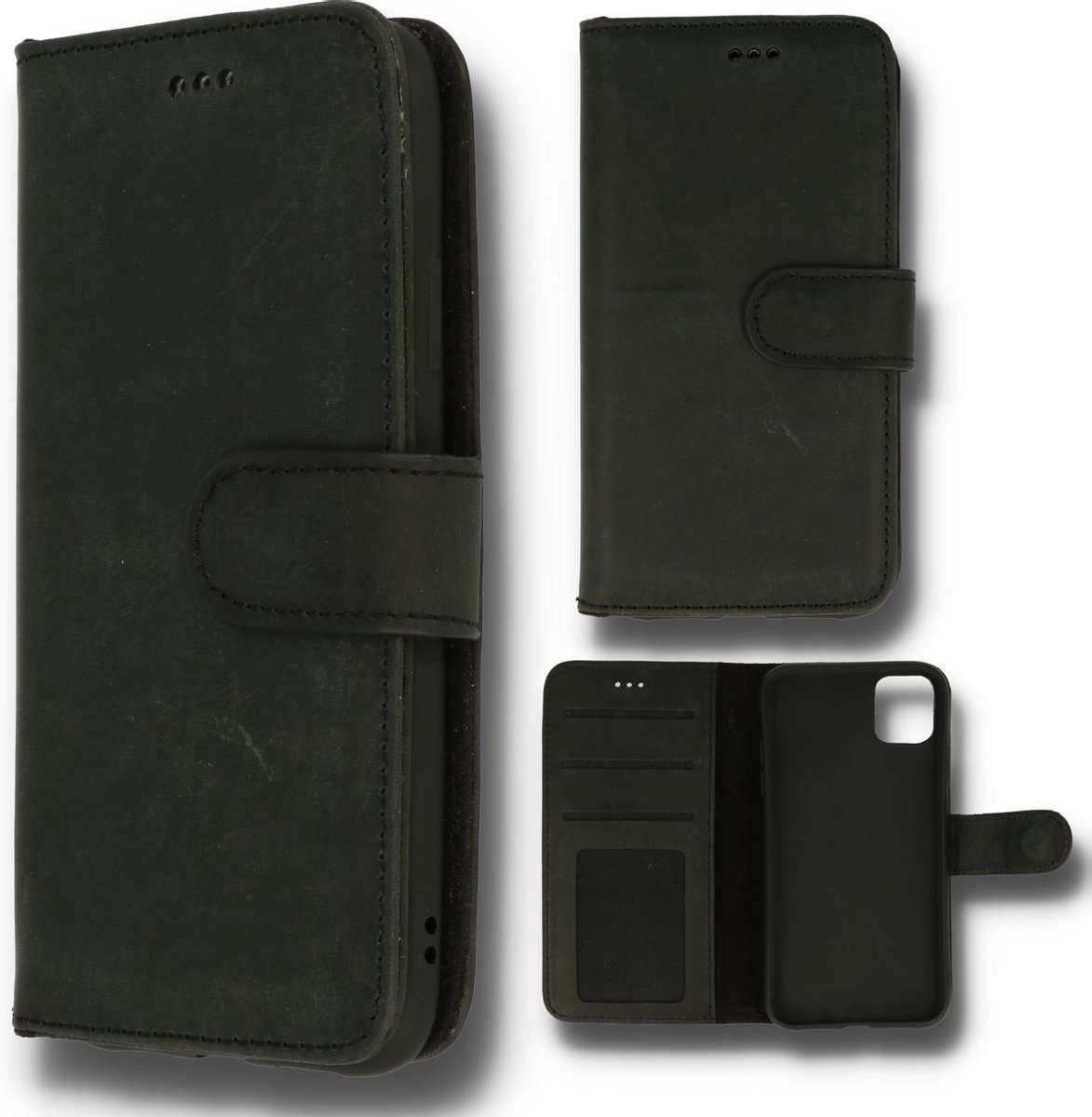 Apple iPhone 14 Hoesje Zwart - Handgemaakt Echt Lederen Portemonnee Book Case met 3x Kaarthouder
