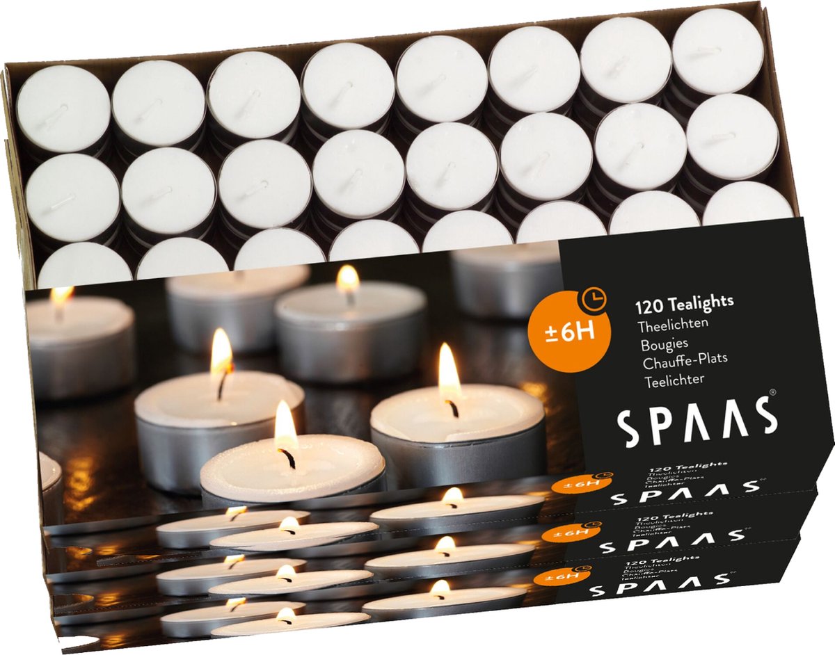 SPAAS Kaarsen - Grootverpakking Theelichtjes 360 Stuks - ± 6 Branduren - Wit - Waxinelichtjes - Voordeelverpakking