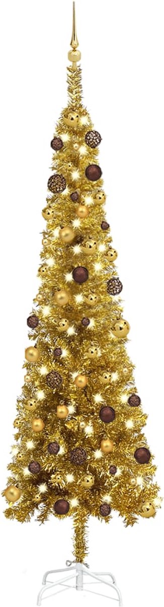 Prolenta Premium - Kerstboom met LED's en kerstballen smal 240 cm goudkleurig