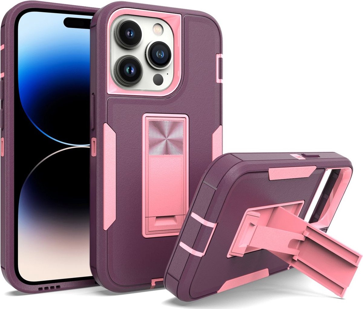 Mobigear Hoesje geschikt voor Apple iPhone 14 Pro Max Telefoonhoesje Hardcase | Mobigear Heavy Armor Stand Backcover Shockproof met Standaard | Schokbestendig iPhone 14 Pro Max Telefoonhoesje | Anti Shock Proof - Paars