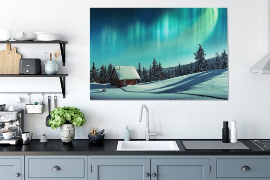 Tableau sur toile Aurores boréales - Neige - Maison - Hiver - 120x80 cm - Décoration murale