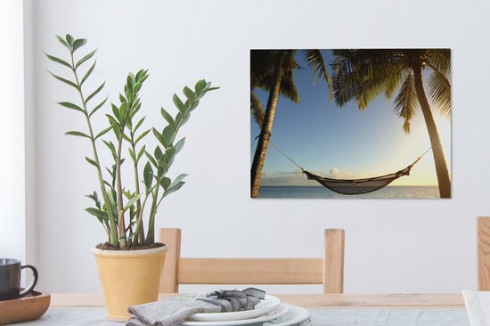Hamac entre palmiers plage tropicale Toile 30x20 cm - petit - Tirage photo sur toile (Décoration murale salon / chambre) / Mer et plage