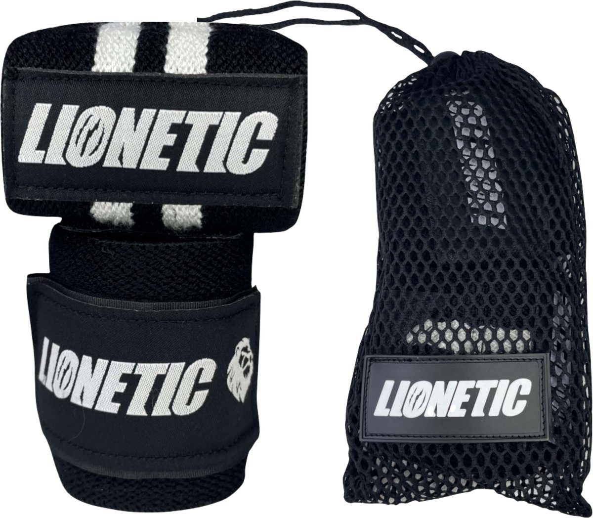 Lionetic Wrist Wraps - Wrist Banden - Krachttraining Accessoire - Bodybuilding/Powerlifting/Crossfit - 65cm Lang - Zwart/Wit