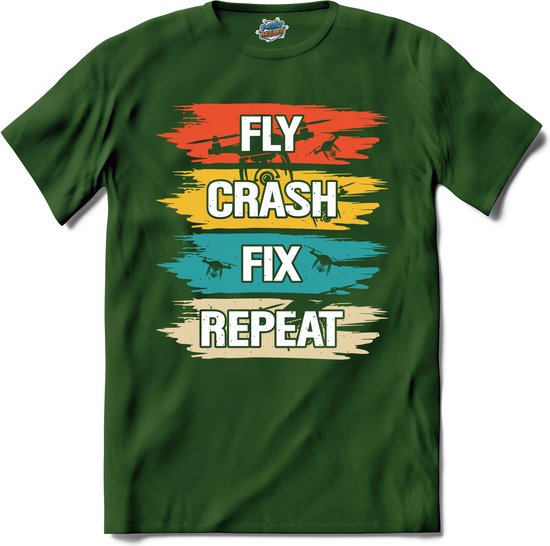 Fly crash fix repeat | Drone met camera | Mini drones - T-Shirt - Unisex - Bottle Groen - Maat S