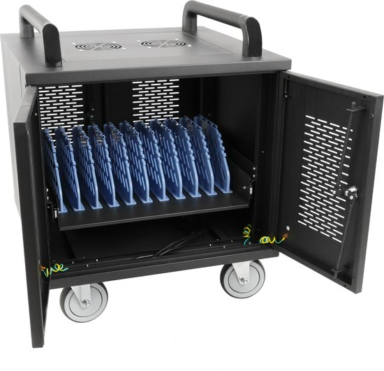 RackMatic - Laad- en transportkast voor 10 tablets en laptops zwart met 16 schuko op 2 strips