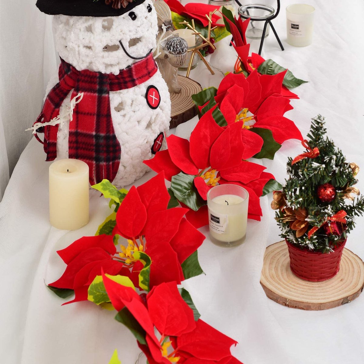 Guirlande lumineuse de Noël poinsettia éclairée de 3 m avec baies rouges et  feuilles de houx, guirlande de poinsettia artificielle en velours
