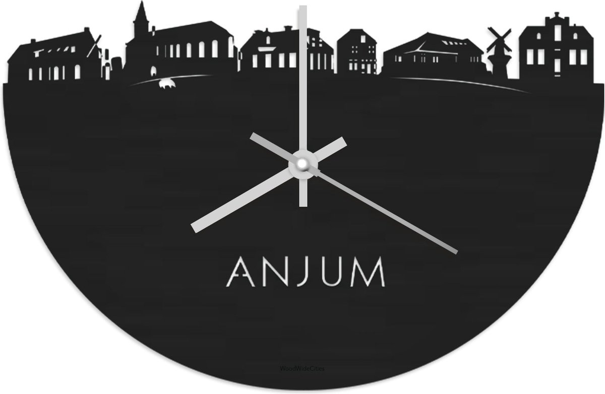 Skyline Klok Anjum Zwart hout - Ø 40 cm - Stil uurwerk - Wanddecoratie - Meer steden beschikbaar - Woonkamer idee - Woondecoratie - City Art - Steden kunst - Cadeau voor hem - Cadeau voor haar - Jubileum - Trouwerij - Housewarming - WoodWideCities