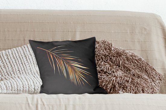 Sierkussen Feuilles dorées carrées pour l'intérieur - Feuille d' or avec des lames sur fond noir - 40x40 cm - Coussin intérieur carré en coton