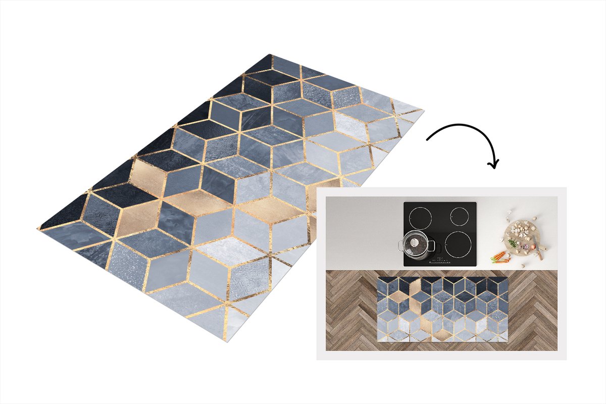 KitchenYeah Keukenloper - Loper keuken - Kubus - Goud - Luxe - Patronen - 120x60 cm - Keukenloper vinyl Multicolor