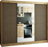 InspireMe - Kledingkast met 3 schuifdeuren, Loft-stijl, Kledingkast met planken (BxHxD): 250x200x62 - MELO II 250 met 4 lades Artisan Eik + Zwart