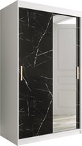 InspireMe - Kledingkast met 2 schuifdeuren, Modern-stijl, Een kledingkast met planken en een spiegel (BxHxD): 120x200x62 - MARMORO T2 120 Wit Mat + Zwart Marmer met 2 lades