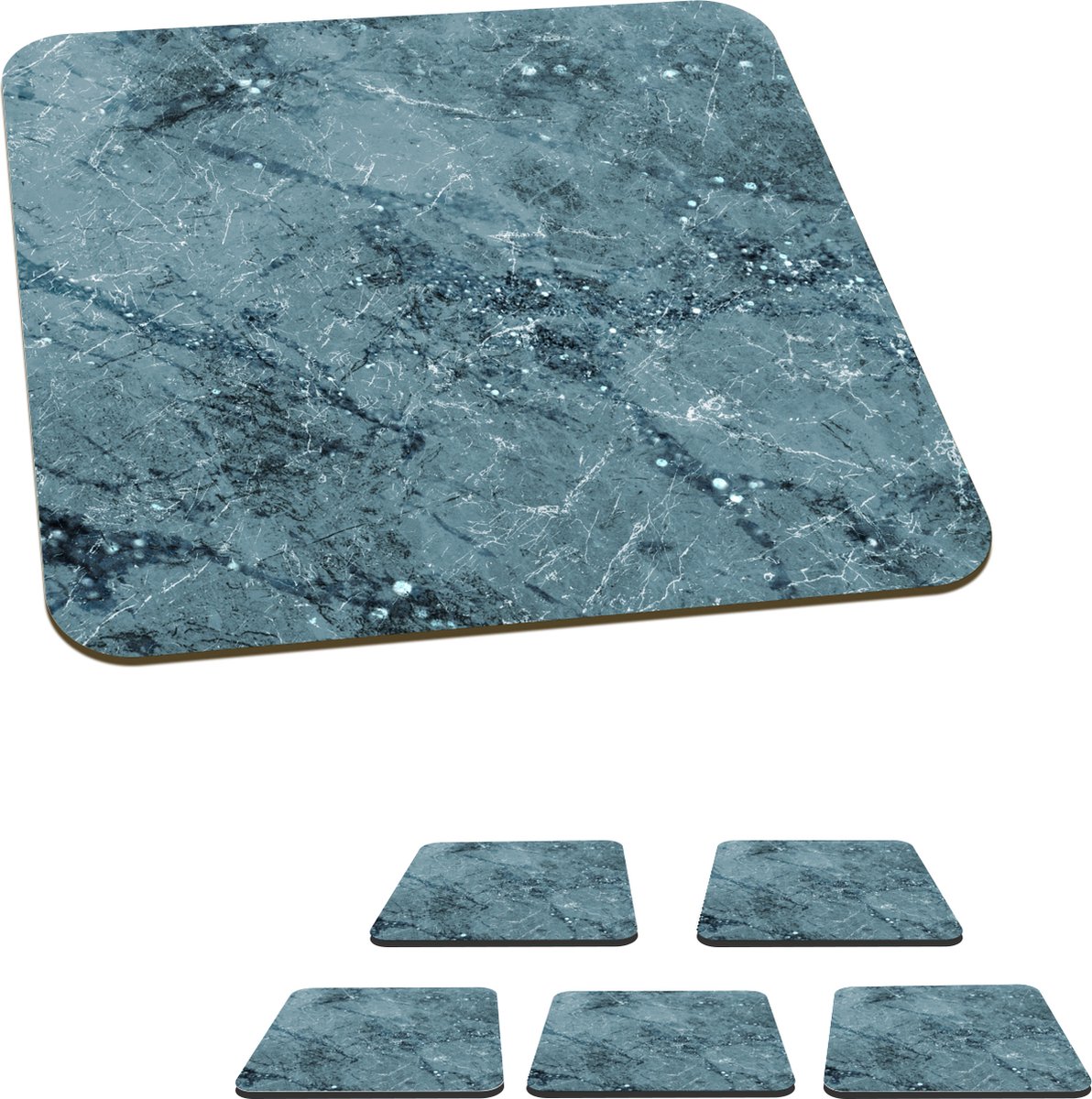 Onderzetters voor glazen - Marmer - Blauw - Glitters - 10x10 cm - Glasonderzetters - 6 stuks