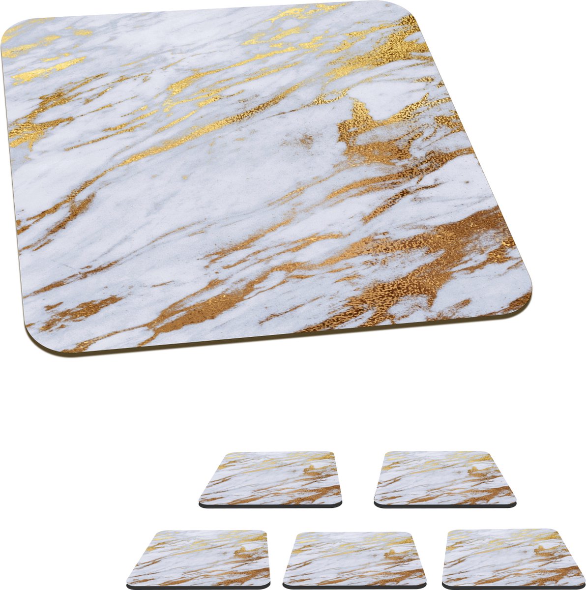 Onderzetters voor glazen - Marmer - Goud - Wit - Structuur - 10x10 cm - Glasonderzetters - 6 stuks
