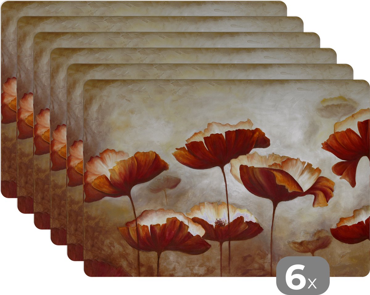 Placemat - Placemats kunststof - Schilderij - Bloemen - Olieverf - Planten - 45x30 cm - 6 stuks - Hittebestendig - Anti-Slip - Onderlegger - Afneembaar