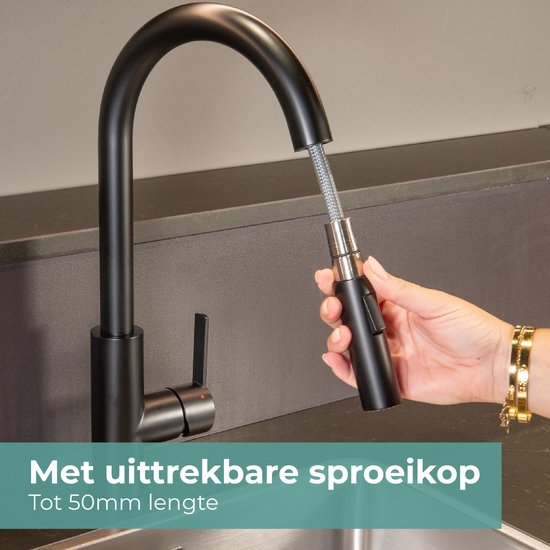 Mizzo Trigo Hoge Keukenkraan met Uittrekbare Uitloop - Semi-professionele Keukenkraan zwart met Sproeikop - Hoge Mengkraan 44cm hoog met Douchefunctie - Ideaal voor keukeneiland - RVS Mat Zwart - Mizzo design