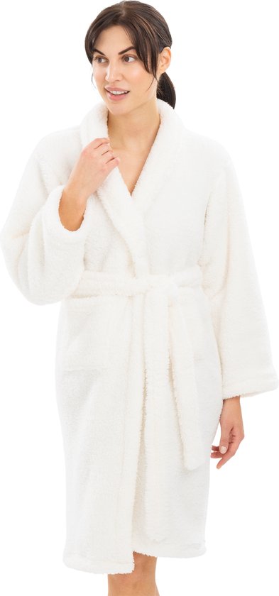 HOMELEVEL fleece badjas voor dames - Damesbadjas van zachte sherpa fleece - Met zakken en ceintuur - Maat M in crème