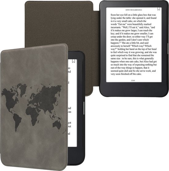 kwmobile e-reader hoesje geschikt voor Kobo Clara 2E hoes - Ereader flip case met standaard - Kunstleren e reader cover - Wereldkaart design in grijs van kwmobile — afbeelding 3