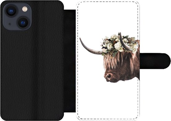 Bookcase pour iPhone 13 Mini Bookcase - Highlander écossais - Vache - Roses - Avec compartiments - Étui portefeuille avec fermeture magnétique