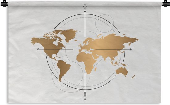 Wandkleed Eigen Wereldkaarten - Wereldkaart Goud Kompas Wandkleed katoen 90x60 cm - Wandtapijt met foto