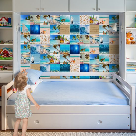 Plaktegels - Zelfklevende Tegels - 15x15 cm - Ulticool - Strand Zee Aquarium Surfplank Hout Schelpen Zand Decoratie - 15 stuks - Decoratie Sticker Tegels - Plakfolie Tegelstickers - Achterwand voor de Muur Badkamer - Keukenwand Keuken - Sticktiles