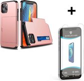 ShieldCase Kaarthouder case met slide geschikt voor Apple iPhone 12 Pro Max 6.7 inch - roze + glazen Screen Protector