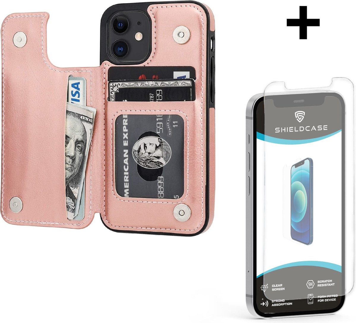 ShieldCase Wallet case geschikt voor Apple iPhone 12 / 12 Pro - 6.1 inch - roze + glazen Screen Protector