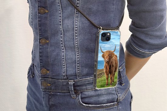 Coque avec cordon iPhone 13 Mini - Highlander écossais - Water - Cornes - Siliconen - Bandoulière - Coque arrière avec cordon - Coque pour téléphone avec cordon - Coque avec corde
