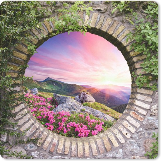 Foto: Muismat mousepad landschap bloemen doorkijk berg 30x30 cm muismatten