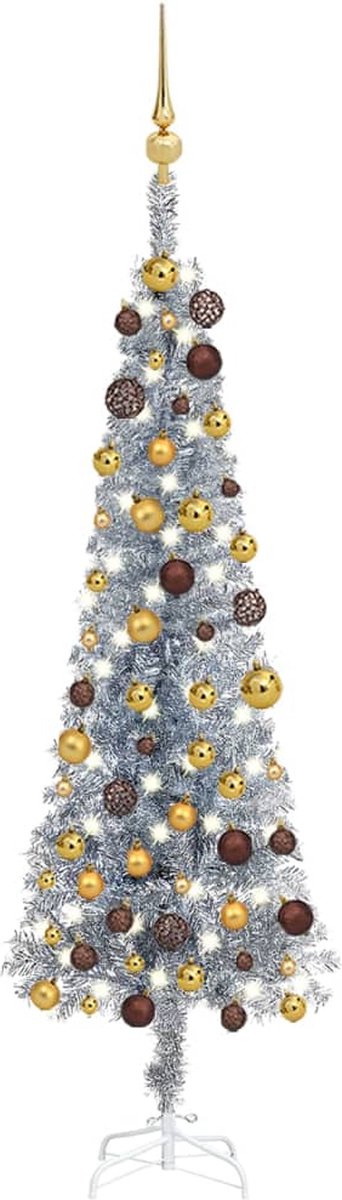 Prolenta Premium - Kerstboom met LED's en kerstballen smal 120 cm zilverkleurig