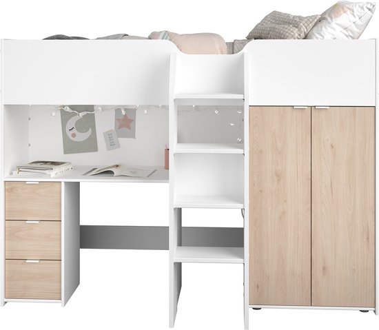 Lit mi-hauteur Neda 90x200cm - blanc/décor de chêne - Parisot - Lits d'enfant avec barrière - Blanc|Brun - Panneaux de particules - Lits d'enfant avec barrière