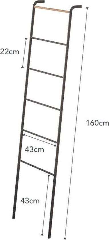 Zwarte ladderrek met afmetingen: hoogte 160cm, breedte sporten 43cm, afstand sporten 22cm.
