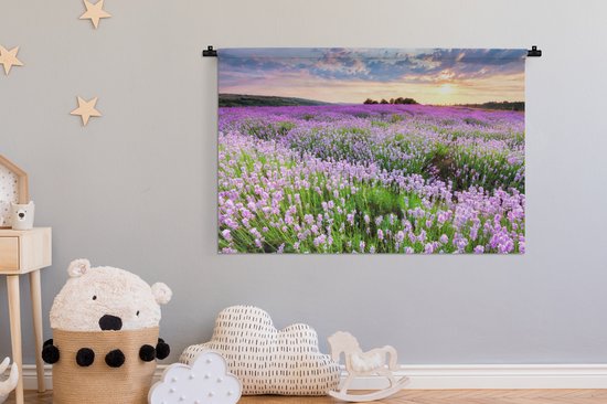 Tapisserie Champs de lavande - Champ de Lavande avec un ciel de feu Tapisserie coton 150x100 cm - Tapisserie avec photo