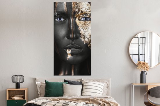 Toile Peinture Femme - Feuille d'Or - Zwart - Or - Luxe - 80x160 cm - Décoration murale