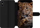 Bookcase Geschikt voor iPhone X telefoonhoesje - Wilde dieren - Panter - Portret - Zwart - Dieren - Met vakjes - Wallet case met magneetsluiting