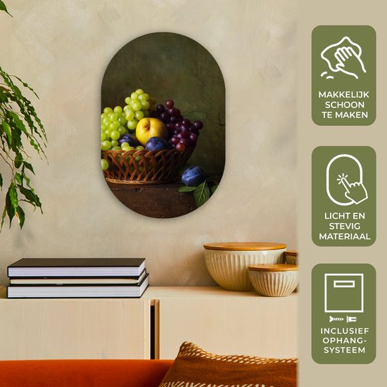 Ovale mural - Ovale mural - Décoration murale en plastique - Peinture ovale - Rustique - Fruits - Canette - Panier - Nature morte - 40x60 cm - Forme miroir ovale sur plastique