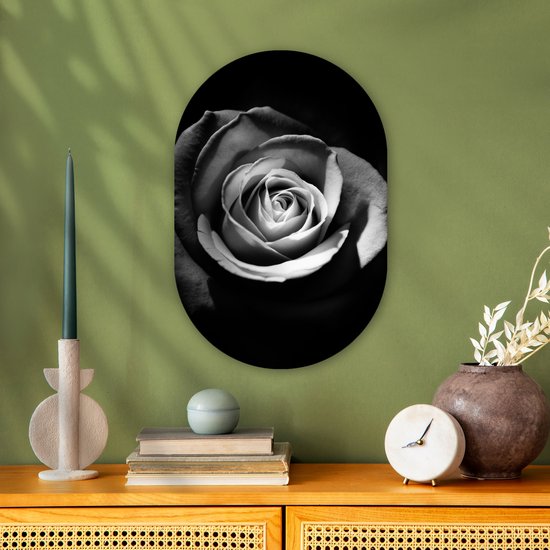 Ovale Mural - Ovale Mural - Décoration murale Murale Plastique - Peinture Ovale - Fleurs - Zwart - Rose - Wit - Botanique - 40x60 cm - Forme miroir ovale sur plastique