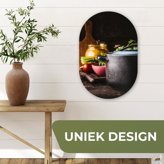 Ovale mural - Ovale mural - Décoration murale murale en plastique - Peinture ovale - Rustique - Nature morte - Pan - Légumes - 40x60 cm - Forme miroir ovale sur plastique